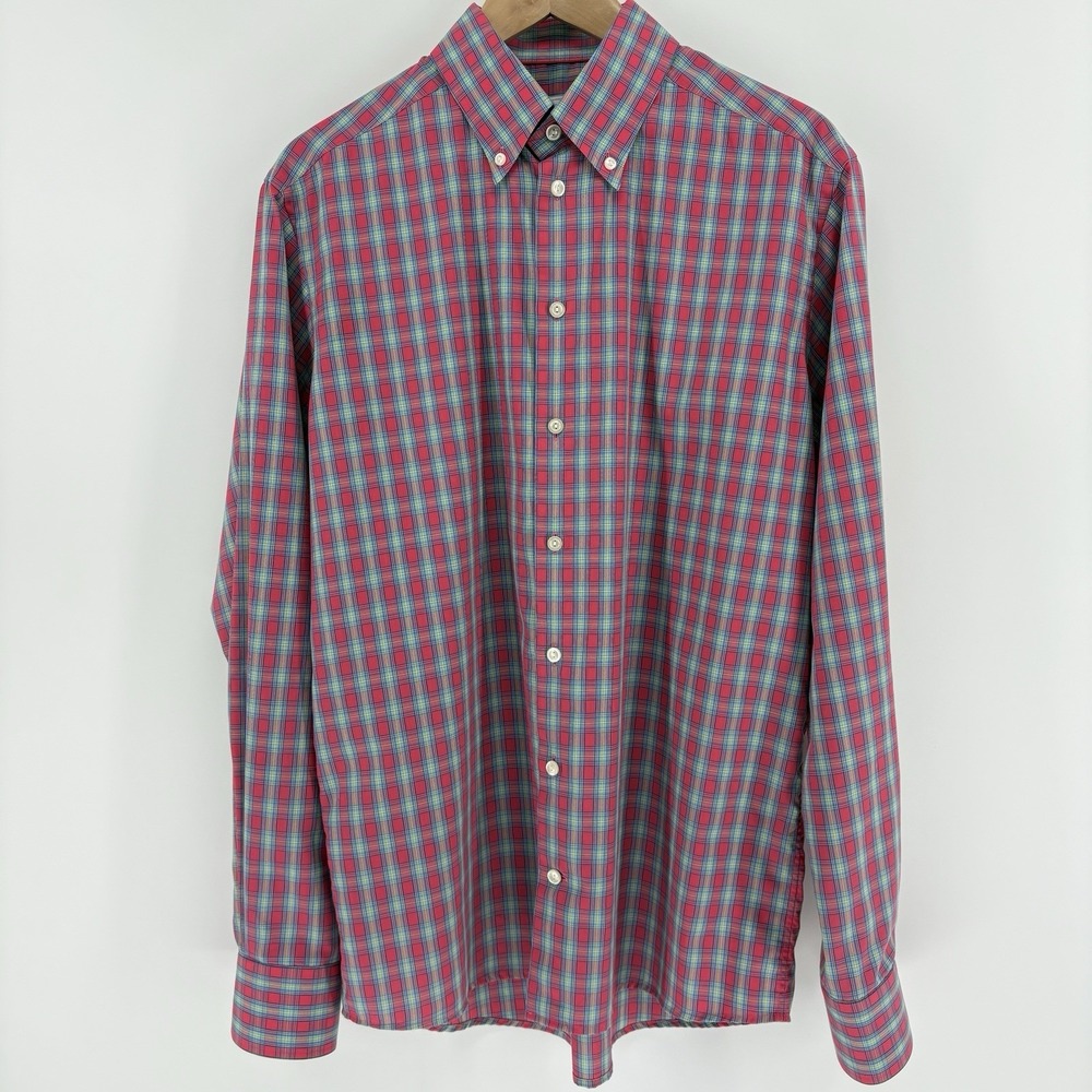 Eton Shirt Mens Medium 16.5/42 Red Teal Yellow Slim Fit Long Sleeve Button Up